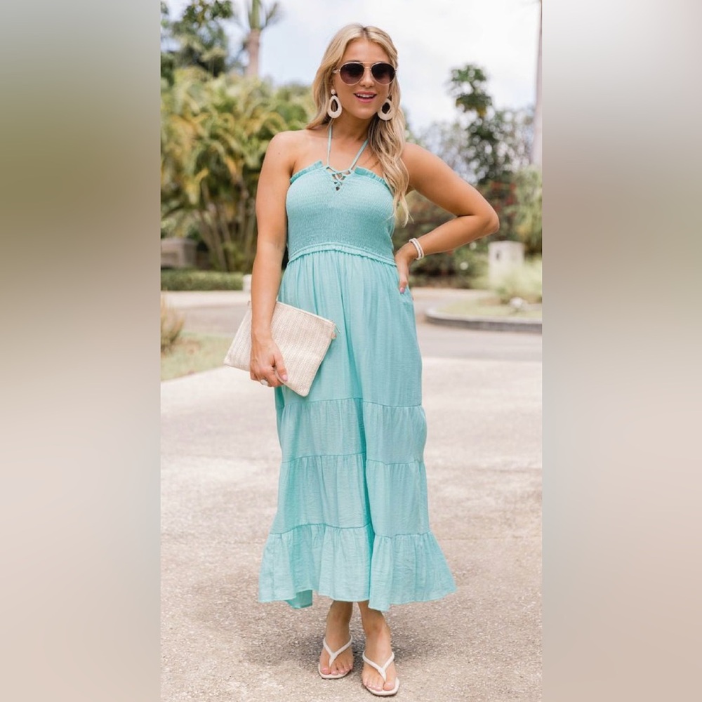 NWOT Pink Lily Turquoise Ruffled Maxi Sundress